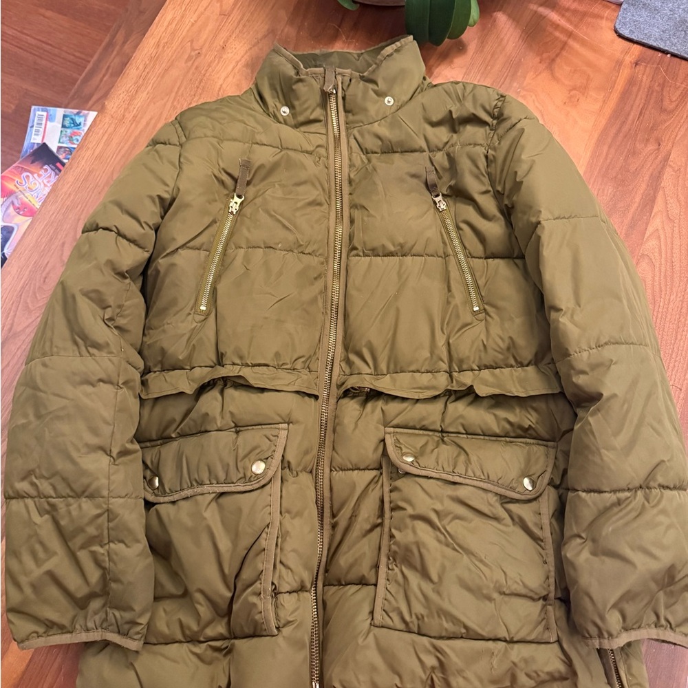 J. Crew Signature Puffer Jacket in Olive and Orange